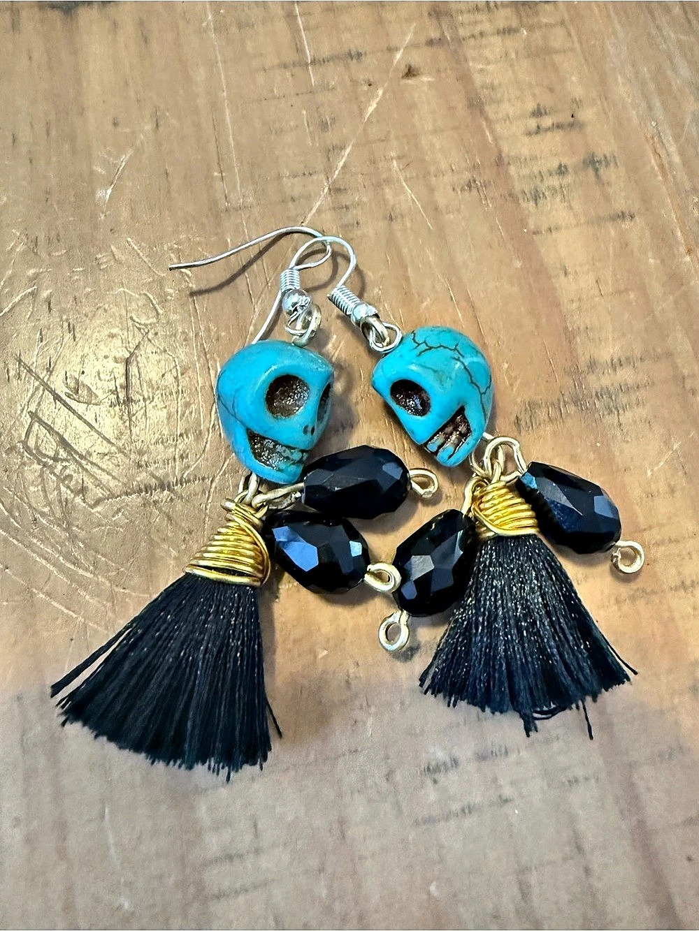 Mexican Skull Beaded Tassel Earrings in Black & Blue Like New